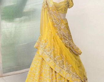 Yellow Net Bollywood Indian lehenga choli for women,party wear designer wedding bridal wear dress,Embroidery work lengha blouse dupatta