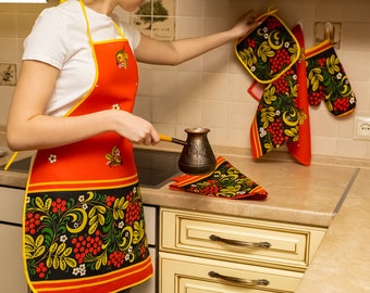 Khokhloma Souvenir Set of 5 - Apron, Potholder, Oven Mitt, Two Kitchen Towels