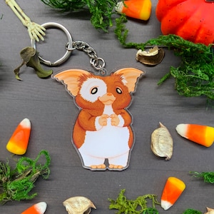 May include: A brown and white furry creature with big ears and large eyes on a clear acrylic keychain. The keychain is hanging from a silver chain and ring.