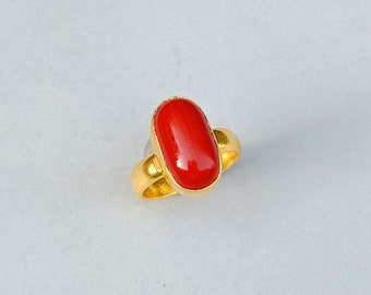 Anillo de coral rojo hecho a mano, joyería de piedra preciosa de coral, anillo de oro, anillo apilable, anillo de coral para mujer, regalo de anillo de Navidad, anillo de regalo