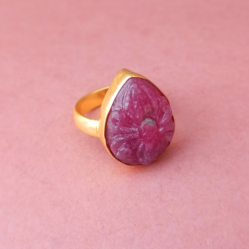 Gift For Birthday Bezel Set Ring Designer Ring 18k Gold Plated Ring Ruby Carved Ring Natural Ruby Ring Solid Brass Ring