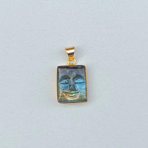 Carved Moon Face Pendant | Labradorite Stone Moon Face Pendant | Handmade Labradorite Moon Face Pendant | Gold Pendant | Birthday Pendant