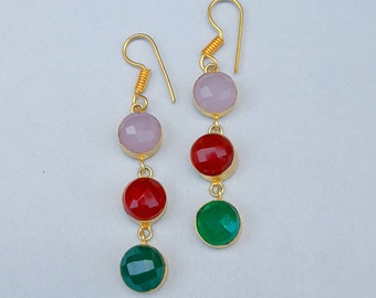 Handmade Gemstone Earrings | Pink Rose Quartz Earrings | Gold Earrings | Green And Red Onyx Earrings | Cut Stone Earrings | Gemstone Jewelry