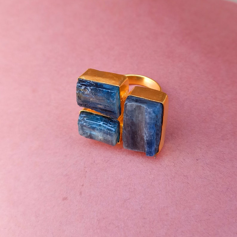 Gift For Her Natural Kyanite Ring Lovely Stone Ring Yellow Gold Plated Ring Three Stone Ring Pretty Ring Raw Gemstone Ring