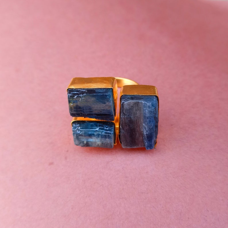 Gift For Her Natural Kyanite Ring Lovely Stone Ring Yellow Gold Plated Ring Three Stone Ring Pretty Ring Raw Gemstone Ring