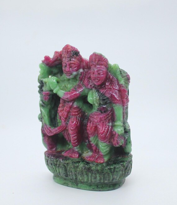 Natural Ruby Zoisite Radha Krishna Idol, Hand-carved Ruby Stone