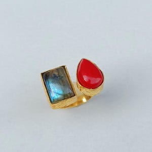 Labradorite and Coral Stone Ring | Handmade Ring | Gold Ring