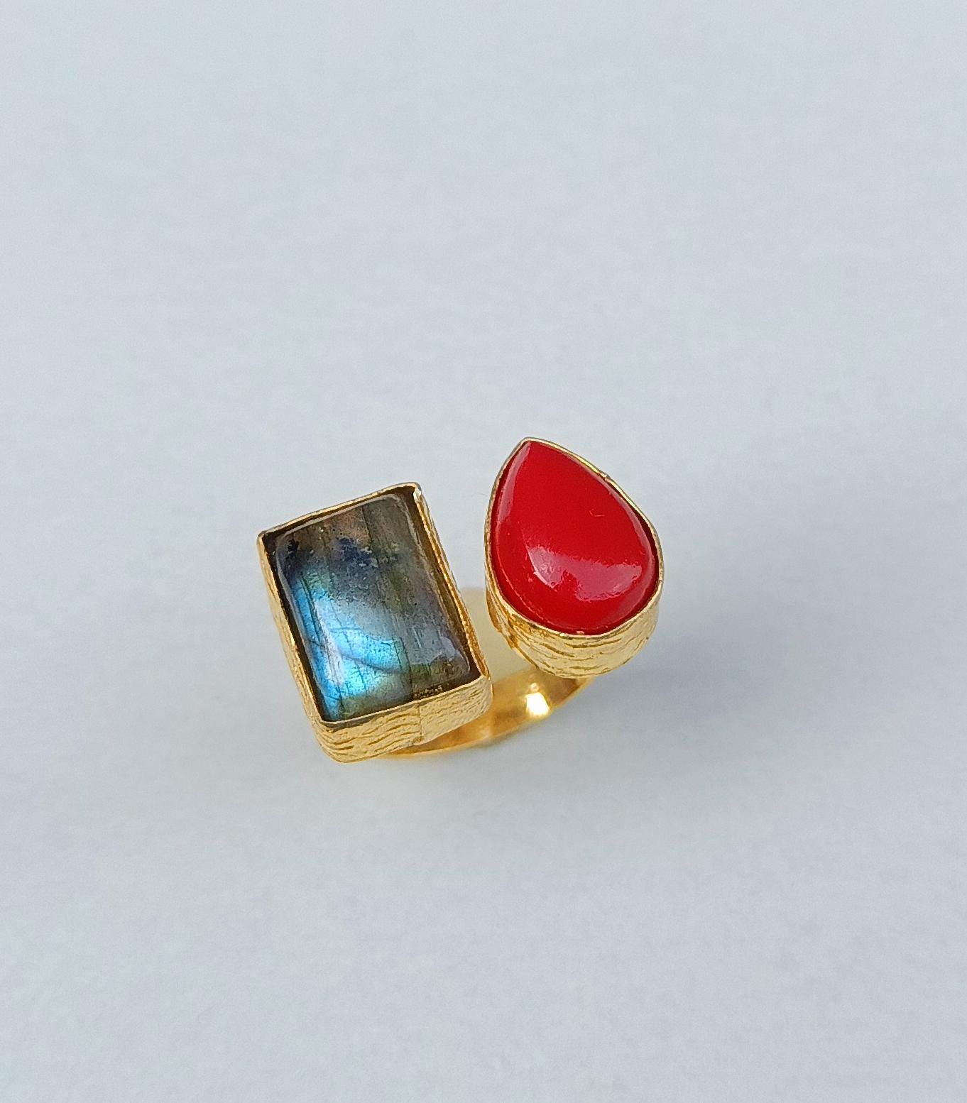 Labradorite and Coral Stone Ring | Handmade Ring | Gold Ring