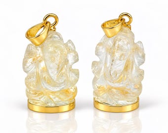 2 stuks Spahtik Ganesha hangers, natuurlijke, sphatik edelsteen, 18k verguld, sieraden, gebeeldhouwde Ganesh van steen, religieus cadeau