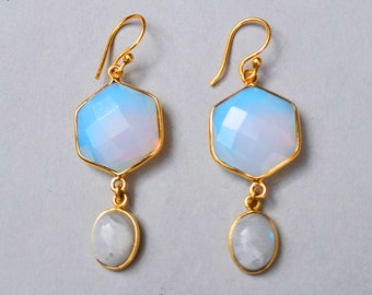 Pendientes de piedra lunar y opalita, pendientes chapados en oro de 18k, piedras preciosas, colgantes, hechos a mano, joyería, regalo para ella.
