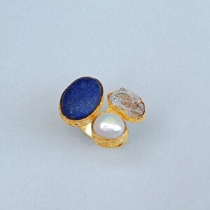 Unique Handmade Stone Ring | Lapis Lazuli Ring | White Pearl Ring | Herkimer Diamond Ring | Gold Ring | Stacking Ring | Wedding Gift Ring