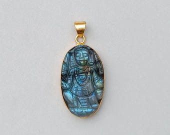 Blue Flashy Labradorite Kali Mata Pendant, Carved Goddess Kali Gemstone, Hindu Spiritual Jewelry, Gift
