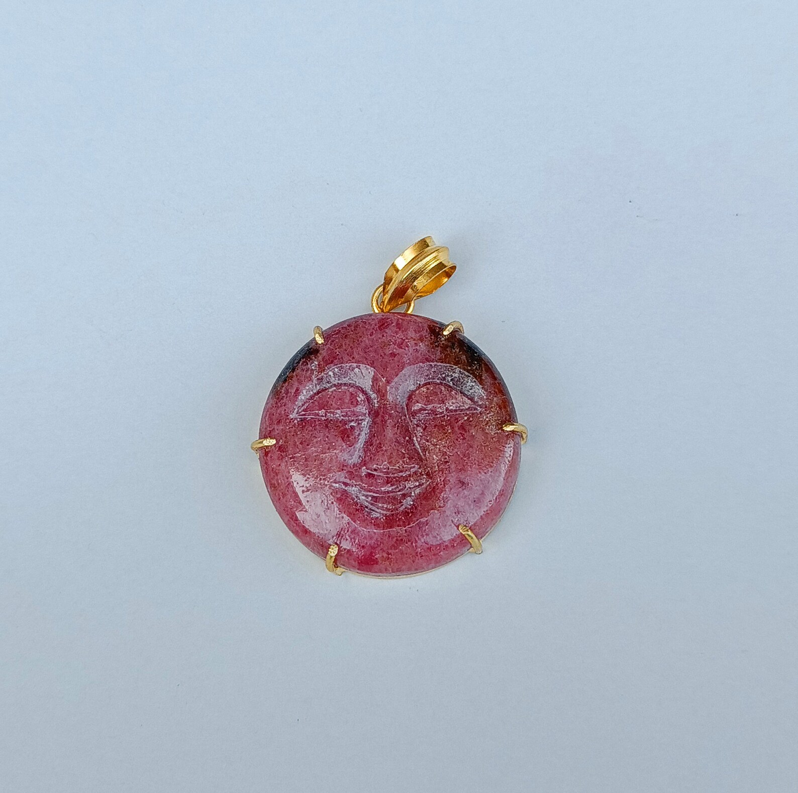 Rhodonite Moon Face Necklace Pendant Natural Gemstone Rhodonite Jewelry