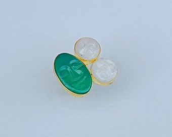 Anillo con rostro lunar tallado a mano en piedra, anillo con rostro lunar de ónix verde, anillo con rostro lunar de piedra lunar arcoíris blanca, anillo de oro, rostro lunar, anillo de regalo