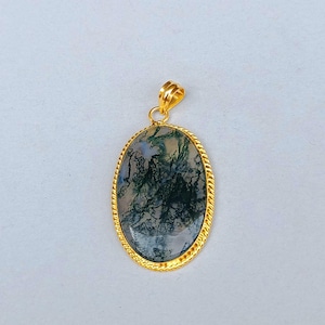 Handmade Moss Agate Stone Pendant | Natural Moss Agate Stone Jewelry | Oval Mosss Agate Stone Pendant | Moss Agate Gold Pendant | Pendant