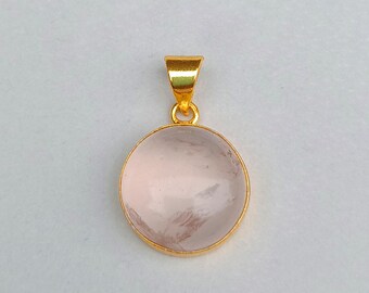 Handmade Rose Quartz Stone Pendant, Natural Gemstone Quartz Pendant, Pink Rose Quartz Pendant, Gold Pendant, Round Shape Quartz Pendant