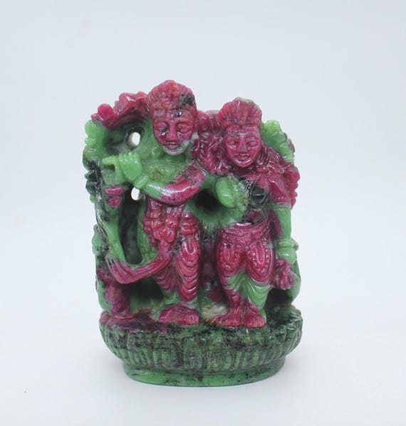 Natural Ruby Zoisite Radha Krishna Idol, Hand-carved Ruby Stone