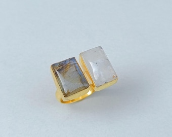 Unique Handmade Ring, Natural Gemstone Ring, White Moonstone Ring, Labradorite Ring, Ring For Women, Brass Ring, Christmas Gift, Ring