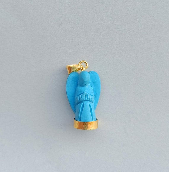 Angel Pendant, Blue Turquoise Stone Angel Pendant, Hand Carved Turquoise Stone Angel Jewelry, Gold Pendant, Gemstone Angel Locket, Pendant