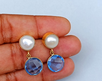 White Pearl Earrings | Blue Sea Glass Gemstone Earrings | Dainty Earrings | Party Wear Earrings |Push Back Earrings | Dangle Earrings | Gift