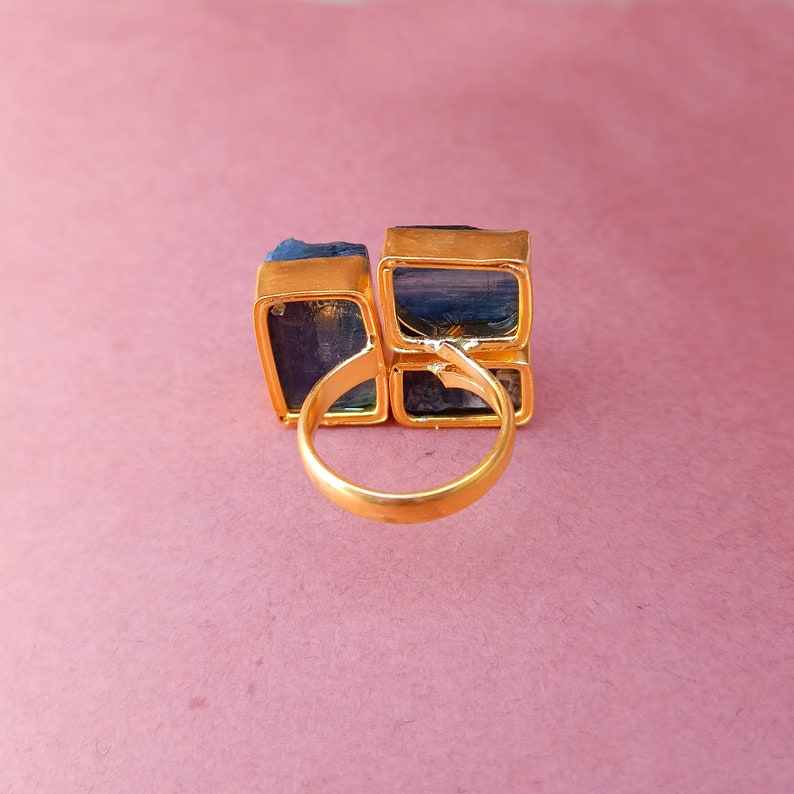Gift For Her Natural Kyanite Ring Lovely Stone Ring Yellow Gold Plated Ring Three Stone Ring Pretty Ring Raw Gemstone Ring