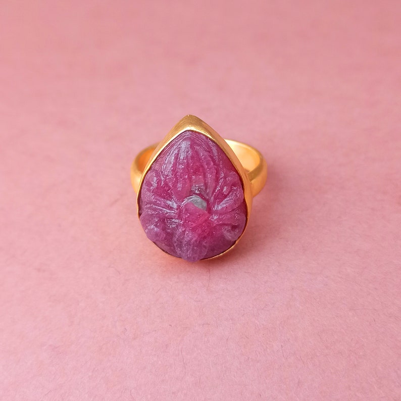 Gift For Birthday Bezel Set Ring Designer Ring 18k Gold Plated Ring Ruby Carved Ring Natural Ruby Ring Solid Brass Ring