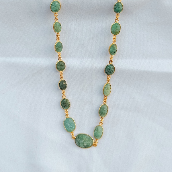 Natural Hand-Carved Gemstone Emerald Ganesh Necklace |Green Ganesh Necklace |Ganesh Carving Emerald Necklace |Multi Gemstone Ganesh Necklace