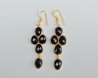 Black Onyx Gemstone Earrings | Handmade Gold Dangle Jewelry | Christmas Gift | Earrings