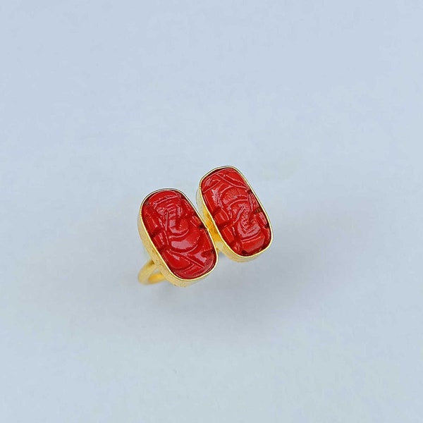 Red Coral Ganesh Ring | Handmade Coral Ganesh Ring | Double Stone Ganesh Ring | Coral Carved Ganesh Ring | Coral Ring For Women | Gold Ring