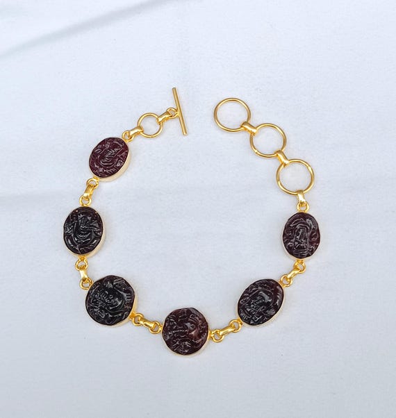 Hessonite Garnet Stone Lord Ganesh Bracelet Carved Garnet Bracelet Gold  Bracelet Best Friend Gift Ganesha Bracelet Garnet Jewelry