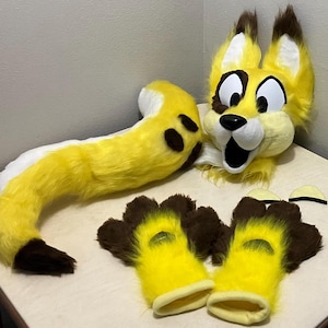 Banana Kangaroo fursuit mini partial premade Head Hand paws and tail Yellow, white and brown, cute retro toony style