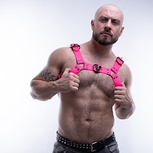 Neon Pink - Fully Adjustable Custom Leather Feel Mens Harness