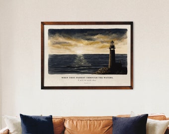 KJV printables, Original vintage lighthouse painting, Navy wall art, Nautical Painting, Sunset coastal print, Digital download, 8 sizes