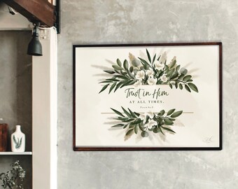 KJV 印刷物、植物水彩画の緑、ユーカリ、クリーム色の花、詩篇 62、デジタル ダウンロード、装飾ポスター、8 サイズ