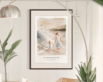 KJV printables, Original vintage beach print, Mother and daughter, Summer Landscape Painting, Neutral print, Digital download, 8 sizes