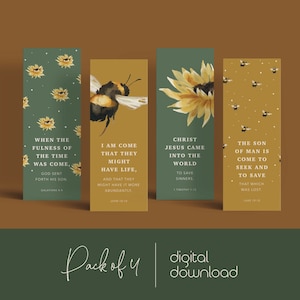KJV bookmarks, Set of 4 printable bookmarks, Gospel, Sunflowers and bees, Sunflower bookmark, Bee bookmark, Digital download, Package insert