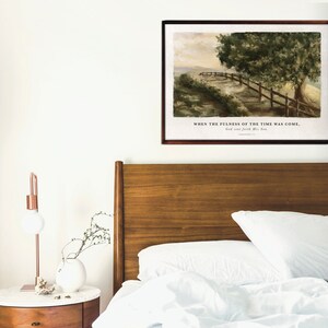May include: A watercolor painting of a path leading through a field with a tree in the background. The painting has a quote from the Bible, "When the fullness of the time was come, God sent forth His Son." Galatians 4:4.
