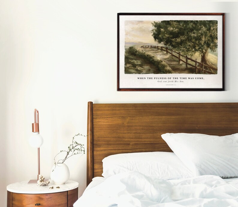 May include: A watercolor painting of a path leading through a field with a tree in the background. The painting has a quote from the Bible, "When the fullness of the time was come, God sent forth His Son." Galatians 4:4.