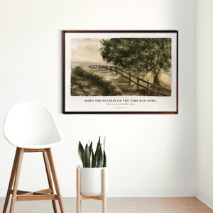 May include: A framed print with a watercolor painting of a path leading through a field with a tree in the background. The print has the text "When the fullness of the time was come, God sent forth His Son."  Galatians 4:4
