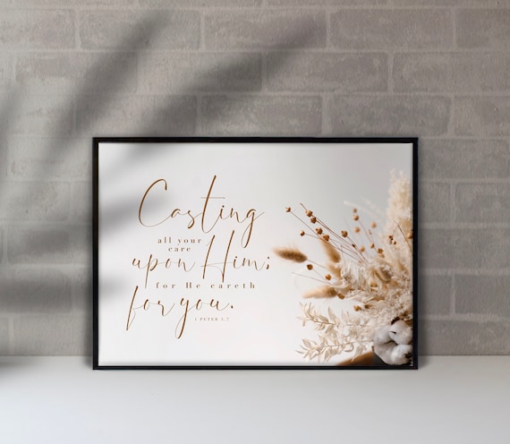 KJV printables, living room prints, 1 Peter 5 7, Digital download wall art, Decor posters, Bedroom wall art, Cream flowers, 8 sizes