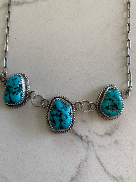 Three, Turquoise Stone, Sterling Silver Necklace.