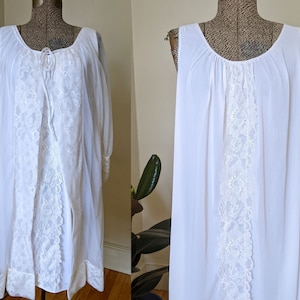 Sheer White Peignoir Set/ 60s Baby Doll Nightie with Robe/ 3/4 Sleeve Bed Jacket with Loose Night Gown/ MEDIUM