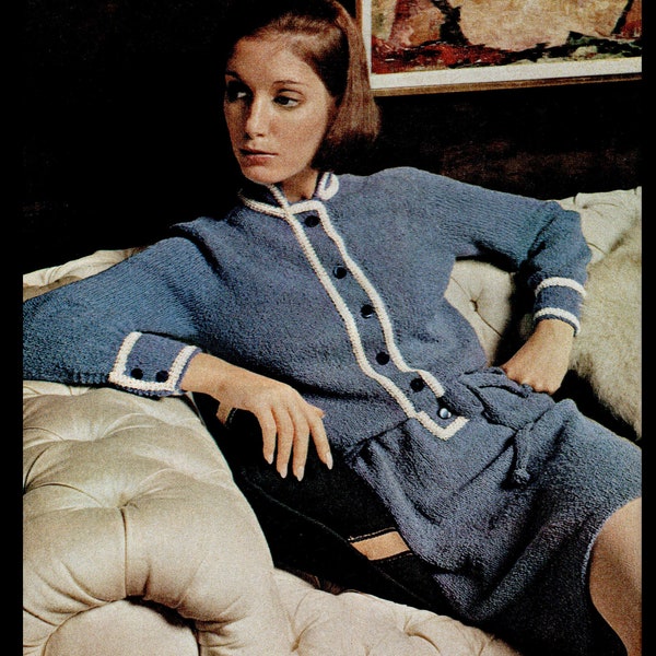 60s Knitted Contrast Trim Buttoned and Belted Shirtwaist Dress/1969-1970 FALL/WINTER Good Housekeeping Needlecraft Pattern