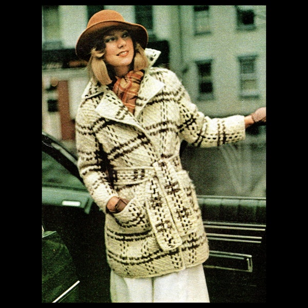 Early 70s Plaid Knitted Wrap Coat Pattern with Patch Pockets/Knitting with Weaving/ Vintage American Knitting Patterns