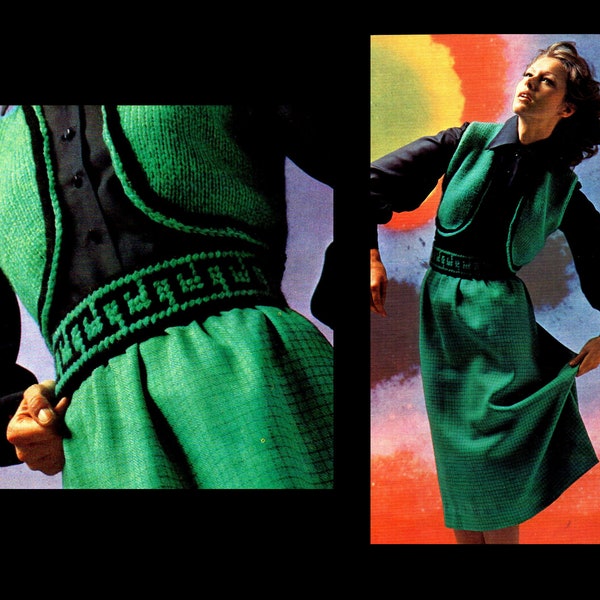 70s Knitted Pattern For Bolero Vest and Matching Cross Stitch Belt/ Greek Key Pattern/ Vintage Brunswick Two Tone Open Vest Pattern/