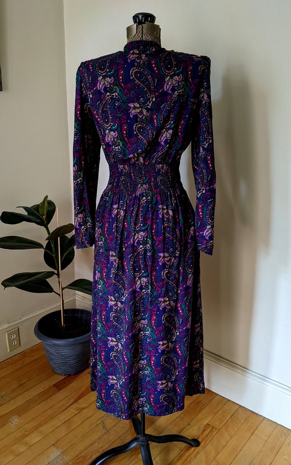 80s Purple Jewel Tone Paisley Dress with Suede Co… - image 5