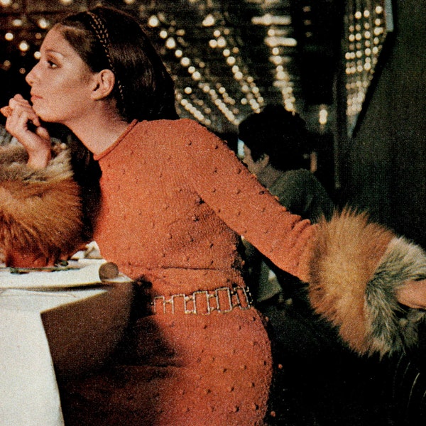 1960s Knitted Popcorn Stitch Dress with Fur Cuffs/ Simple Long Sleeve Dress Pattern