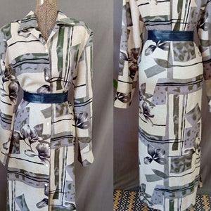 Vintage Floral Ankle Length Dress/ Kaftan Style Shirt Dress with Pointed Collar and Shoulder Pads/Button Up Dress with Side Slits/ KOKOMO