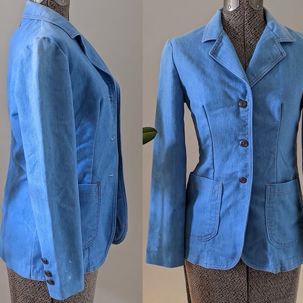 Vintage Tailored Denim Blazer with Contrasting Stitching/ Light Wash Denim Buttom Up Jacket/ 1970s Casual Sportswear/ MEDIUM