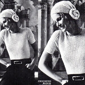 May include: Two women wearing crocheted tops and hats. The tops are white and have a loose, open weave. The hats are also white and have a flower detail. The women are smiling and looking down.